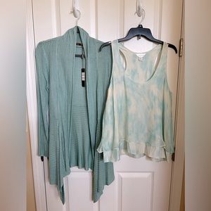 Shawl collar, aqua green ribbed cardigan set & matching tie dye sheer layer tank
